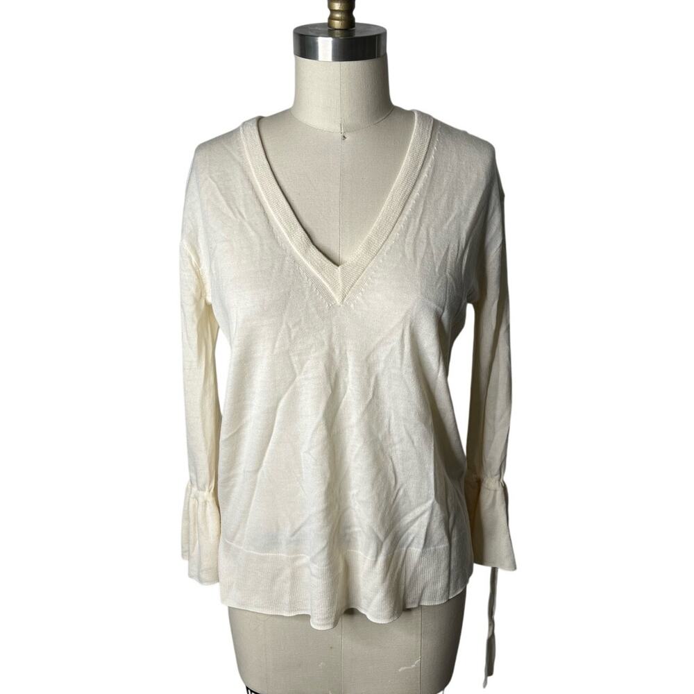 J.Crew Collection Cream 100% Merino Wool V-Neck Sweater with Bell Sleeves XS